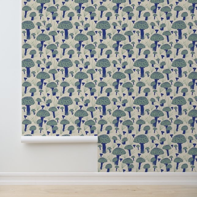 Blue Turquoise Mushroom Hand Drawn Pattern Wallpaper (Application)