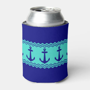 Blue Turquoise Nautical Anchor Coastal Stripes Can Cooler