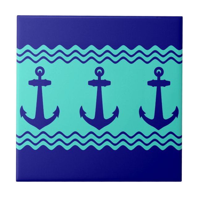 Blue Turquoise Nautical Anchor Coastal Stripes Ceramic Tile (Front)