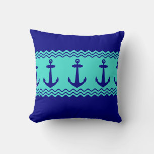 Blue Turquoise Nautical Anchor Coastal Stripes Cushion