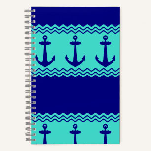 Blue Turquoise Nautical Anchor Coastal Stripes Notebook
