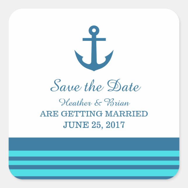 Blue Turquoise Nautical Anchor Save the Date Square Sticker (Front)