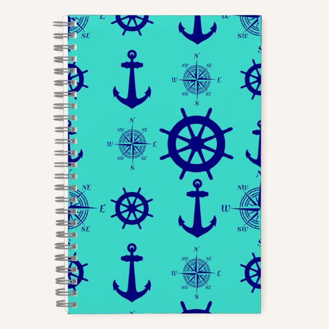 Blue Turquoise Nautical Coastal Boating Notebook (Front)