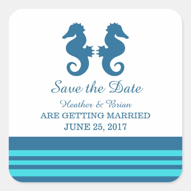 Blue Turquoise Nautical Seahorse Save the Date Square Sticker (Front)