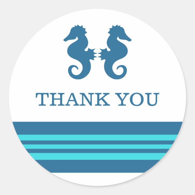 Blue Turquoise Nautical Seahorse Thank You Classic Round Sticker (Front)