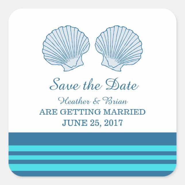 Blue Turquoise Nautical Seashells Save the Date Square Sticker (Front)