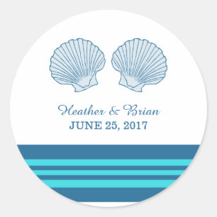 Blue Turquoise Nautical Seashells Wedding Stickers
