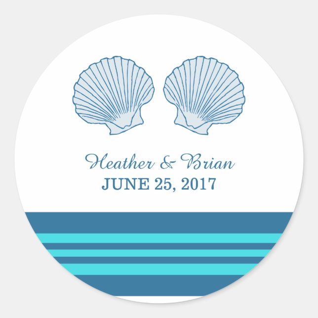 Blue Turquoise Nautical Seashells Wedding Stickers (Front)