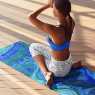 Blue Turquoise Navy Abstract Fluid Marble Art  Yoga Mat