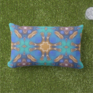 Blue Turquoise Ochre Brown Hip Ornate Art Motif Lumbar Cushion