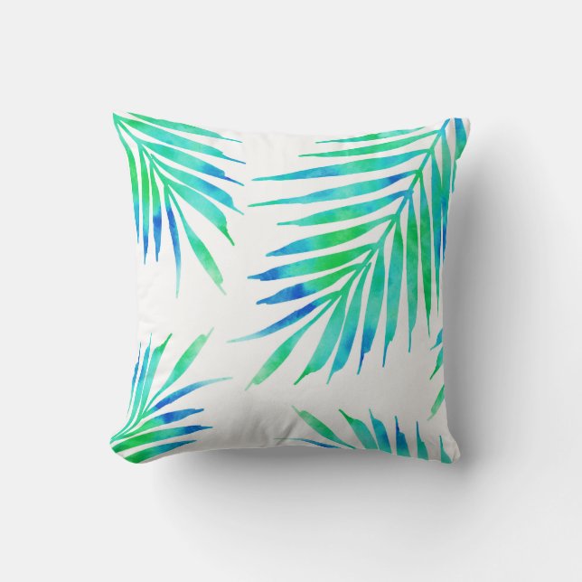 Blue Turquoise Palm Fronds Cushion (Front)