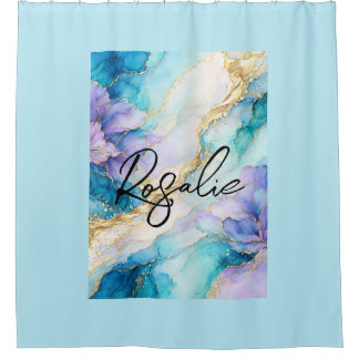 Blue Turquoise Purple Gold Abstract Floral Marble Shower Curtain
