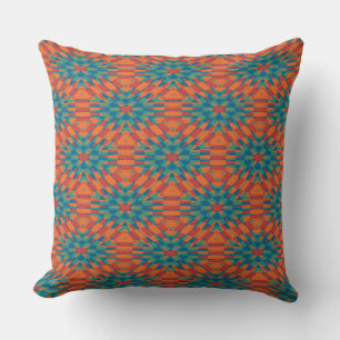 blue, turquoise, red and orange geometric cushion