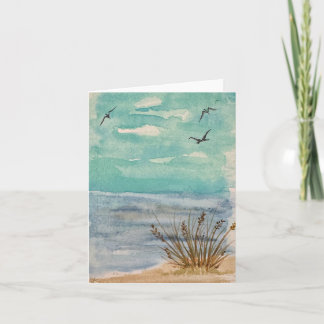 Blue turquoise sandy beach - birds in clouds  card