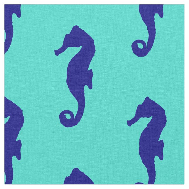 Blue Turquoise Seahorse Coastal Pattern Fabric (Close Up)