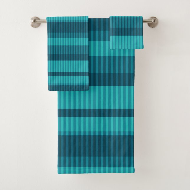 blue turquoise shades striped vertical pattern bath towel set (Insitu)
