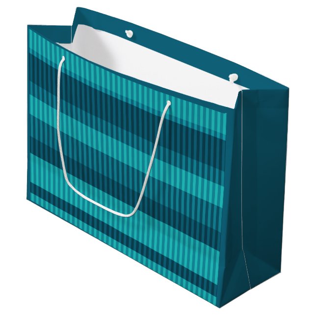 blue turquoise shades striped vertical pattern large gift bag (Front Angled)