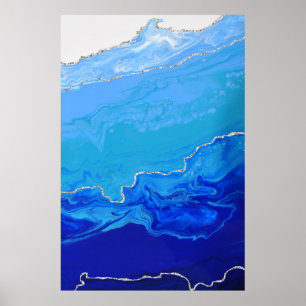 Blue Turquoise Silver Marble Abstract Art Poster