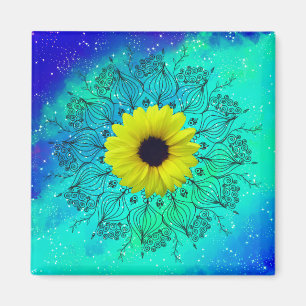 Blue turquoise starry galaxy mandala and sunflower magnet