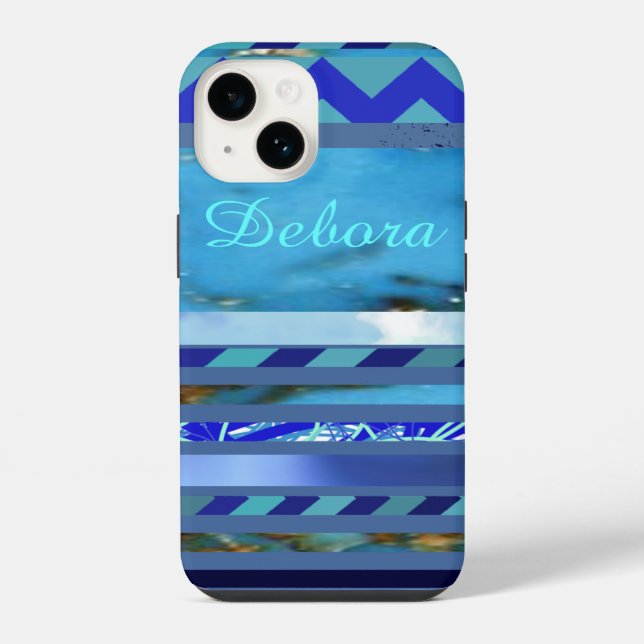 Blue Turquoise Stripes Pattern Custom Name iPhone Case (Back)