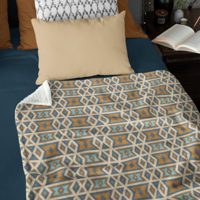Blue Turquoise Teal Orange Brown Tribal Pattern Fleece Blanket (Creator Uploaded)