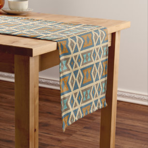 Blue Turquoise Teal Orange Tan Brown Tribal Art Medium Table Runner