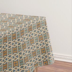 Blue Turquoise Teal Orange Tan Brown Tribal Art Tablecloth