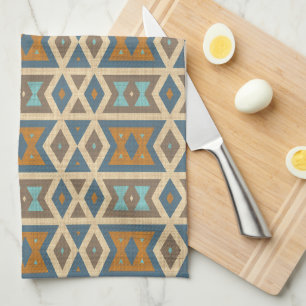 Blue Turquoise Teal Orange Tan Brown Tribal Art Tea Towel