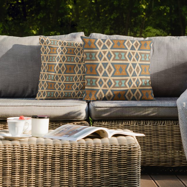 Blue Turquoise Teal Terraccotta Brown Tribal Art Cushion (Creator Uploaded)