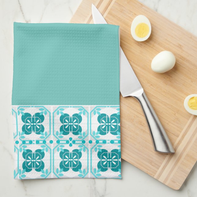 Blue Turquoise Tile Design Tea Towel (Quarter Fold)