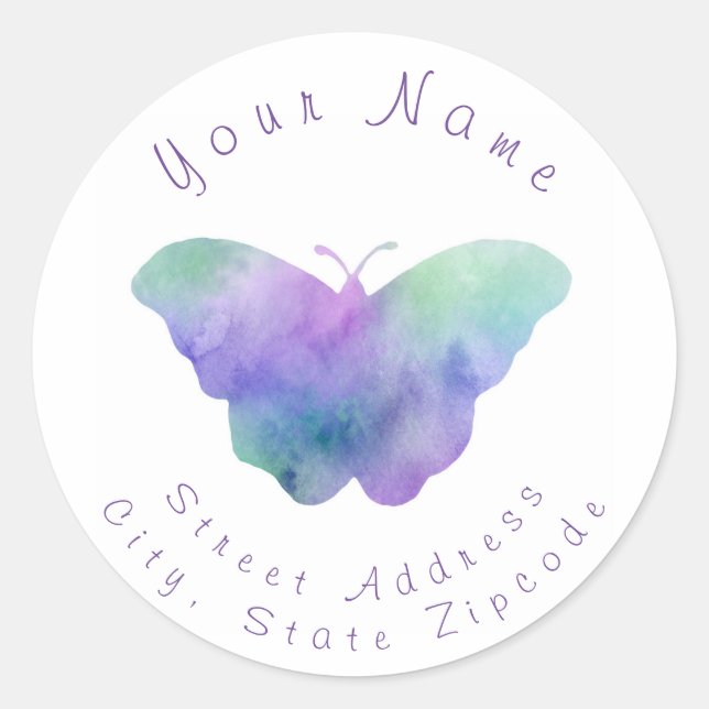 'Blue Turquoise Violet Watercolor Butterfly' Label (Front)