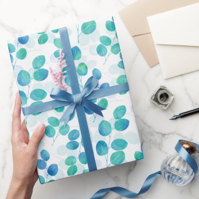Blue Turquoise Watercolor Eucalyptus Leaves   Wrapping Paper (Gifting)