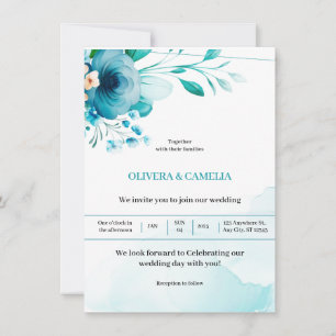 Blue Turquoise Watercolor Floral Wedding Invitation