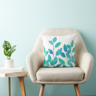 BLue Turquoise Watercolor Leaves Cushion