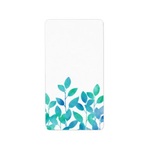 Blue Turquoise Watercolor Leaves Label