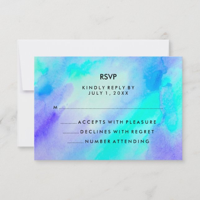 Blue Turquoise Watercolor Look Bat Mitzvah RSVP Card (Front)