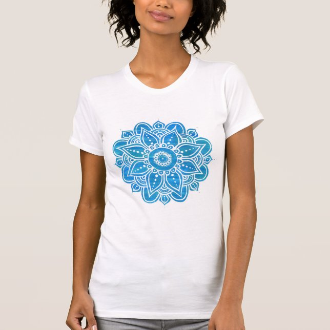 Blue Turquoise White Floral Mandala T-Shirt (Front)