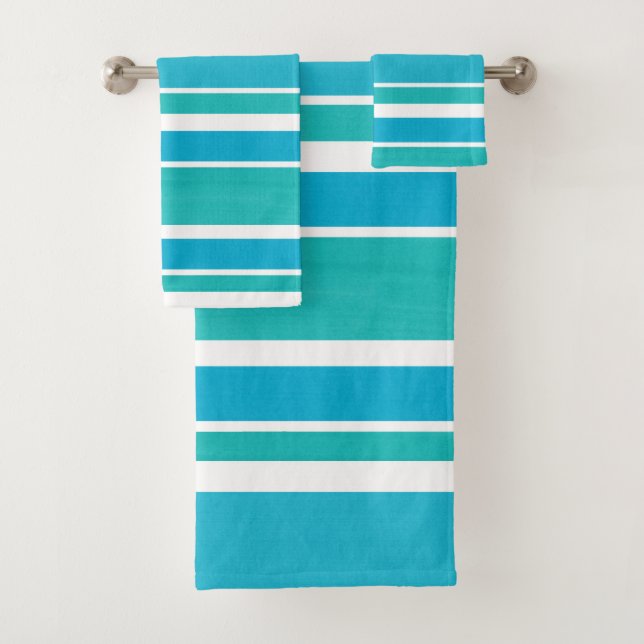 Blue Turquoise White Stripes Bath Towel Set (Insitu)