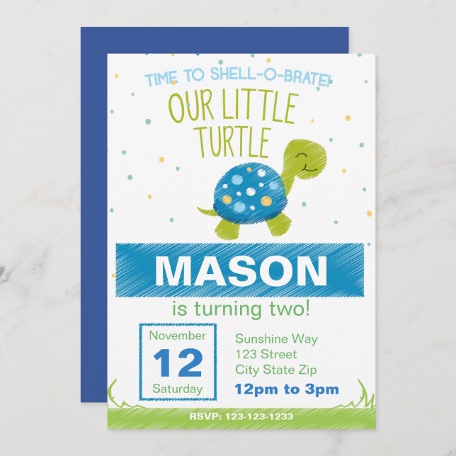 Blue Turtle Birthday Invitation (Front/Back)