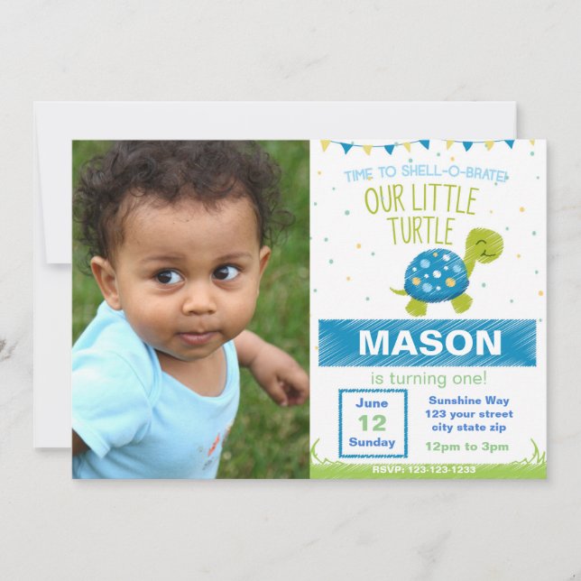 Blue Turtle Birthday Invitation with Photo (Front)