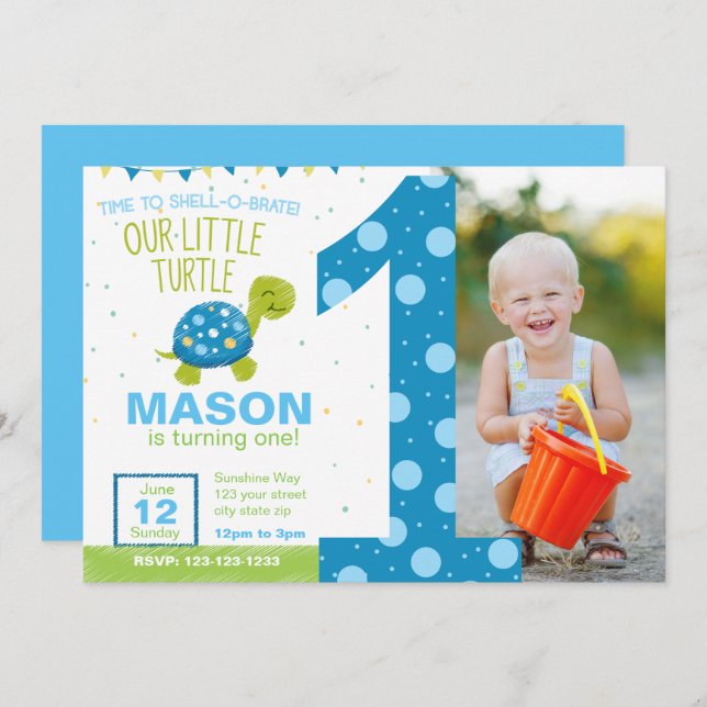 Blue Turtle First Birthday Party Invitation (Front/Back)