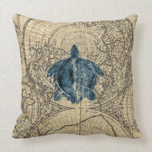 Blue Turtle Illustration Map Coastal Honey Colour Cushion