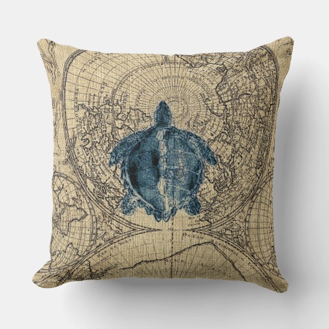 Blue Turtle Illustration Map Coastal Honey Colour Cushion (Front)