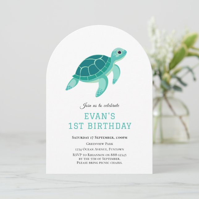 Blue Turtle Under the sea 1st birthday invitation (Standing Front)