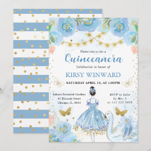 Blue Tutu Black Hair Ballerina Quinceanera Invitation
