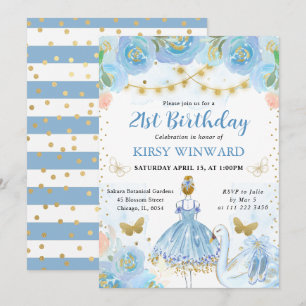 Blue Tutu Blonde Hair Ballerina Birthday Invitation