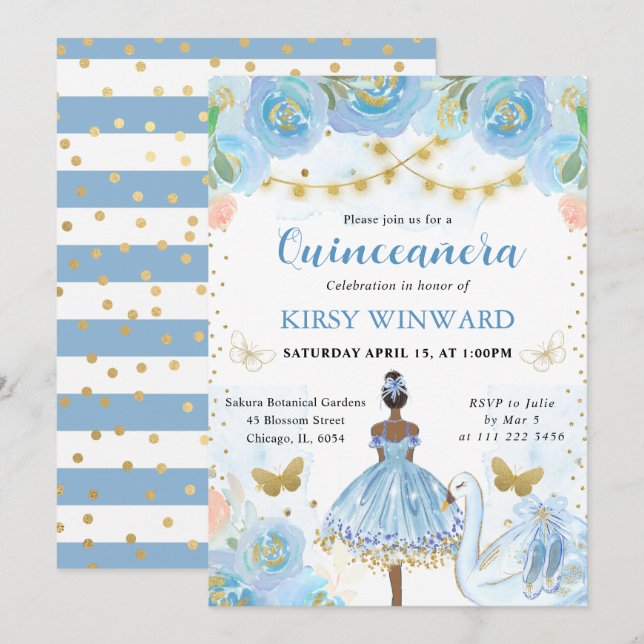 Blue Tutu Dark Skin Ballerina Quinceanera Invitation (Front/Back)