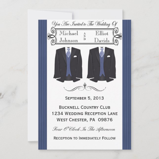 Blue Tuxedo Gay Wedding Invitations (Front)
