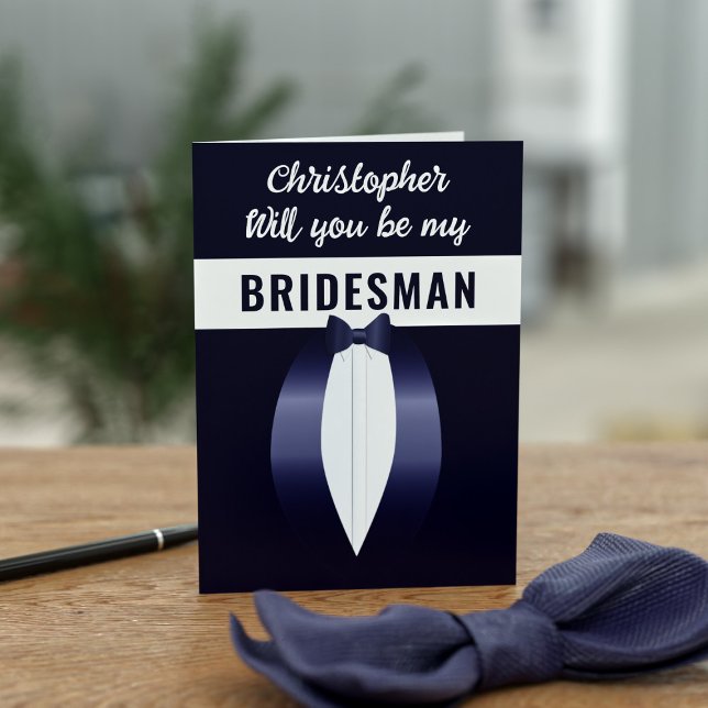 Blue Tuxedo Wedding Bridal Party Proposal Card (Something blue for your Bridesman. Add his name and proposal. Also works for any other party member)