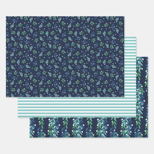Blue Twigs & White Berries Christmas Patterns Wrapping Paper Sheet (Set)
